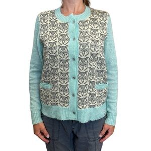 Woolrich Owl Motif Cardigan Sweater‎ Wool Mohair Blend Light Blue/Gray S